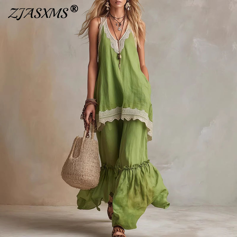Lace Trim Cami - ชุดเซ็ต 2 ชิ้น แต่งลูกไม้สำหรับผู้หญิง เสื้อสายเดี่ยวคอวี แขนกุด