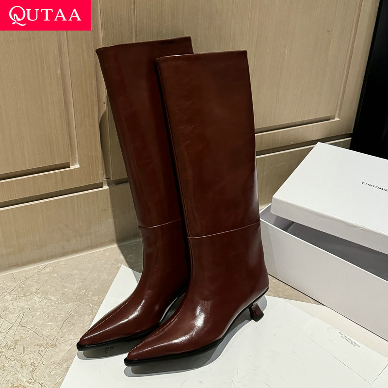 Women'S Fashion Knee High Boots - QUTAA ข่าวแฟชั่นผู้หญิงเข่ารองเท้าบูทสูงชี้ Toe ผู้หญิงฤดูหนาวรองเท้ารองเท้าส้นสูงหนังวัวรองเท้าบูทยาวสีดําขนาด 34-40