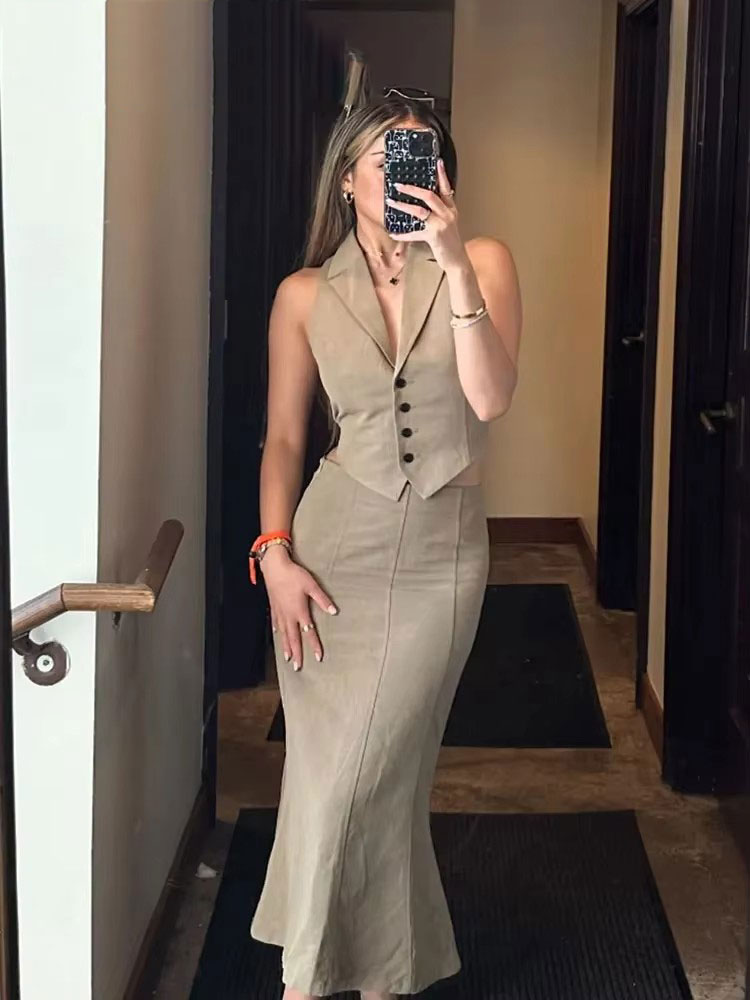Women'S Fashion Vest Tops - ชุดเซ็ตเสื้อกั๊กและกระโปรงผู้หญิง HH เสื้อกั๊กติดกระดุมแถวเดียวผูกเชือกด้านหลัง กระโปรงทรงเอเข้ารูปยาวปานกลาง ซิปด้านข้าง แฟชั่นสตรีทสไตล์