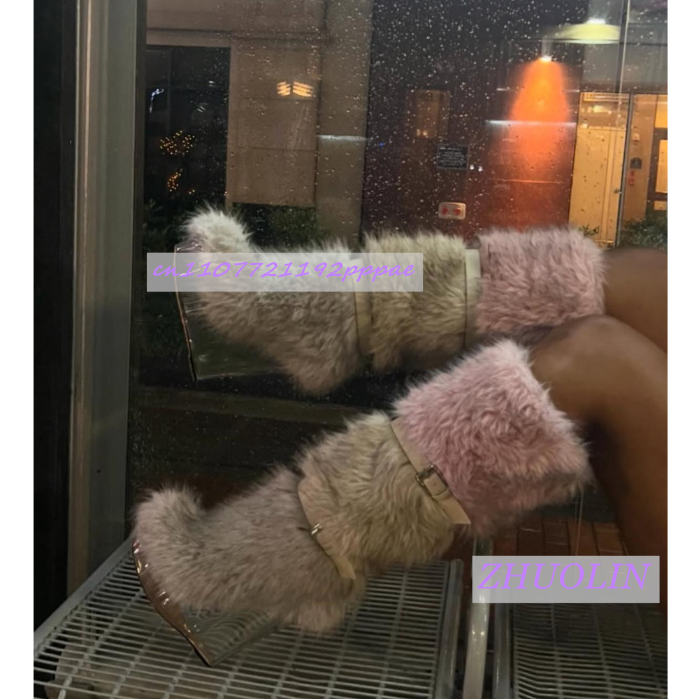Women'S Fashion Knee High Boots - รองเท้าบูทส้นเตารีดแบบโปร่งใสแต่งขนเฟอร์ลายไล่สีฤดูหนาวสำหรับผู้หญิง รองเท้าบูทหิมะแบบมีสายคาดหัวเข็มขัดหวานๆ แฟชั่นทันสมัยสไตล์พังก์ รองเท้าบูทสูงถึงเข่า ไซส์ 43