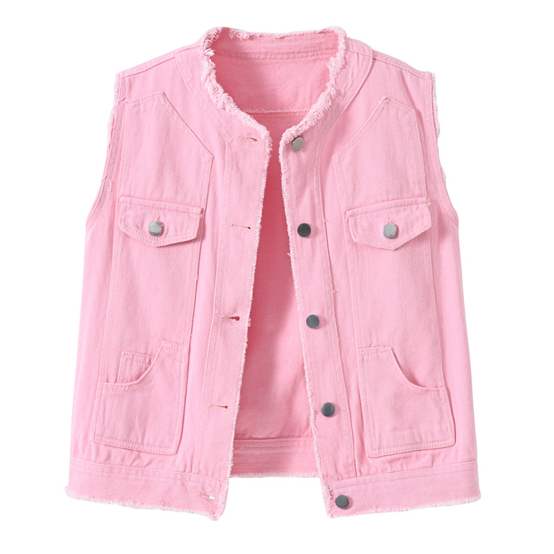 Women'S Fashion Vest Tops - เสื้อกั๊กยีนส์แขนกุดทรงเข้ารูปสำหรับผู้หญิง คอกลม แฟชั่นฤดูร้อน แต่งขอบรุ่ย เสื้อสายเดี่ยวทันสมัย