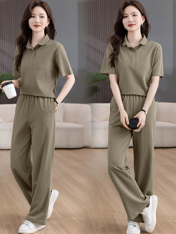 Women Fashion Over The Years - ชุดกีฬาลำลองขนาดใหญ่สำหรับผู้หญิง แฟชั่นฤดูร้อนสไตล์เกาหลี เสื้อคอปกแขนสั้น กางเกงขายาวทรงกว้าง ชุดสองชิ้นสุดอินเทรนด์