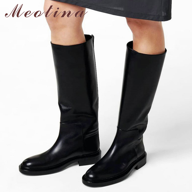 Women'S Fashion Knee High Boots - Meotina ผู้หญิงหนังเข่ารองเท้าบูทสูงรอบ Toe แบนแฟชั่นสุภาพสตรีออกแบบแบรนด์ยาวฤดูใบไม้ร่วงฤดูหนาวรองเท้าสีดํา 43