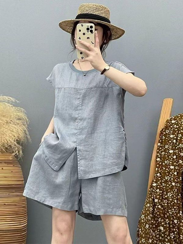 Women Fashion Over The Years - ชุดผ้าฝ้ายลินินคุณภาพสูงสำหรับผู้หญิง ฤดูร้อน ทรงหลวม สบาย ระบายอากาศได้ดี แฟชั่นเสื้อแยกชิ้นแขนสั้น