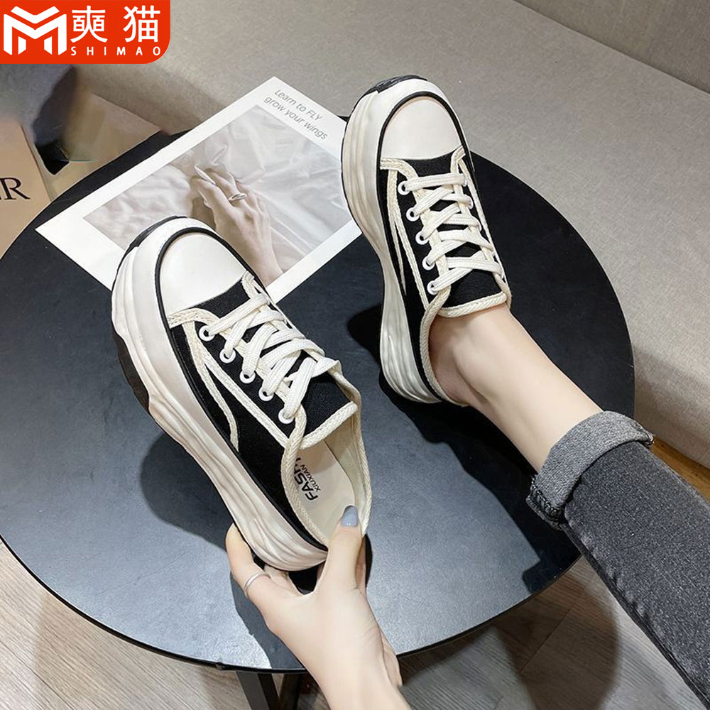 Women'S Fashion Korea - รองเท้าแตะแบบสวมครึ่งเท้าสำหรับผู้หญิง แฟชั่นพื้นหนา ไม่มีส้น แบบสวมสบายๆ รองเท้าผ้าใบลำลองสำหรับผู้หญิง