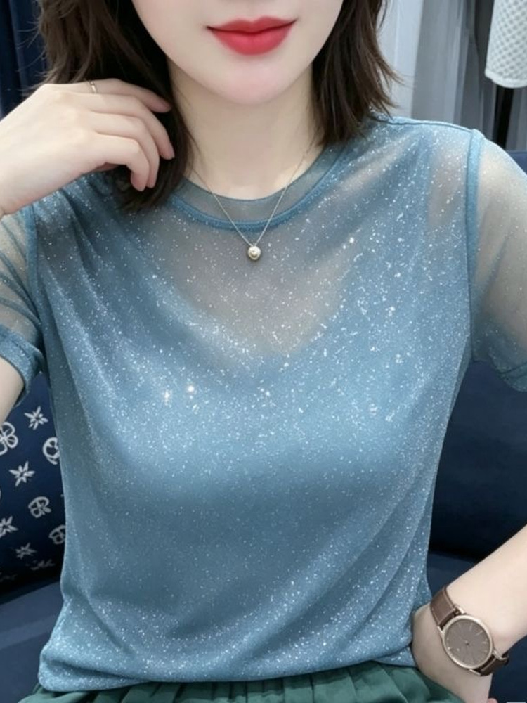 Women Fashion Over The Years - เสื้อยืดคอกลมแขนกุดผ้าลูกไม้ตาข่ายยืดหยุ่นแวววาว แฟชั่นเกาหลีใหม่สำหรับฤดูร้อน เสื้อลูกไม้ระยิบระยับสำหรับผู้หญิงอายุ 40 ปีขึ้นไป