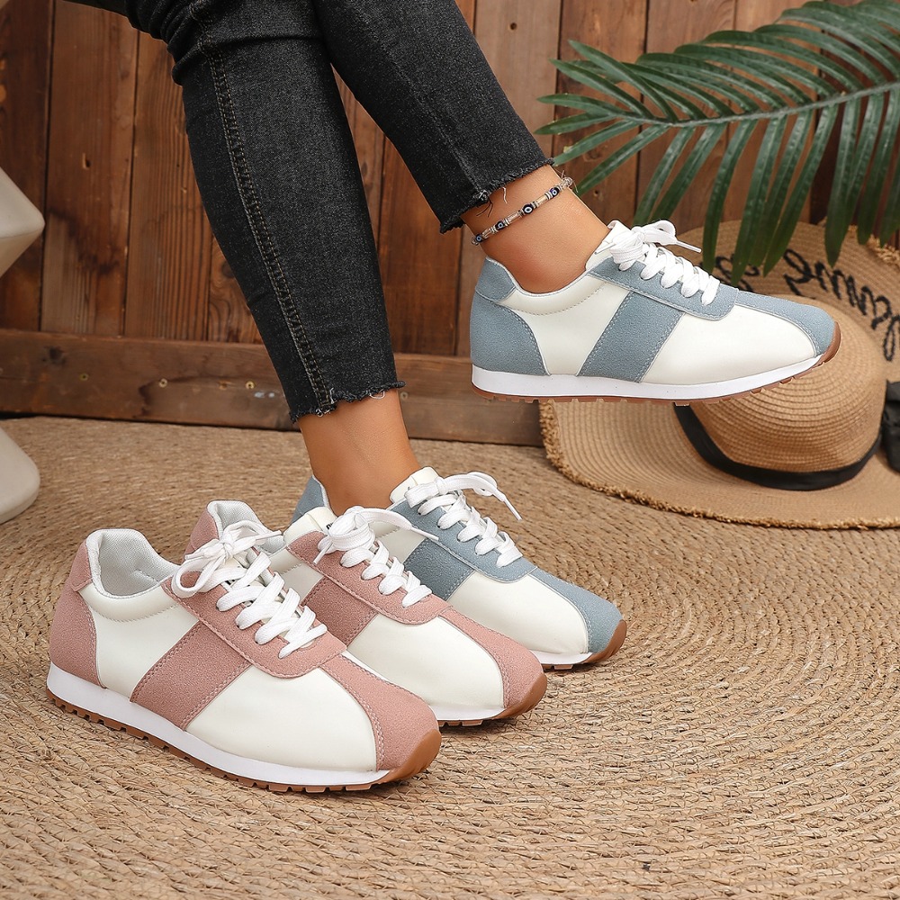 Women'S Fashion Shoes - รองเท้าผ้าใบผู้หญิงแบบสีตัดต่อ ผูกเชือก ดีไซน์แพทช์เวิร์ค สไตล์เรโทร รองเท้าเดินน้ำหนักเบา ลำลอง