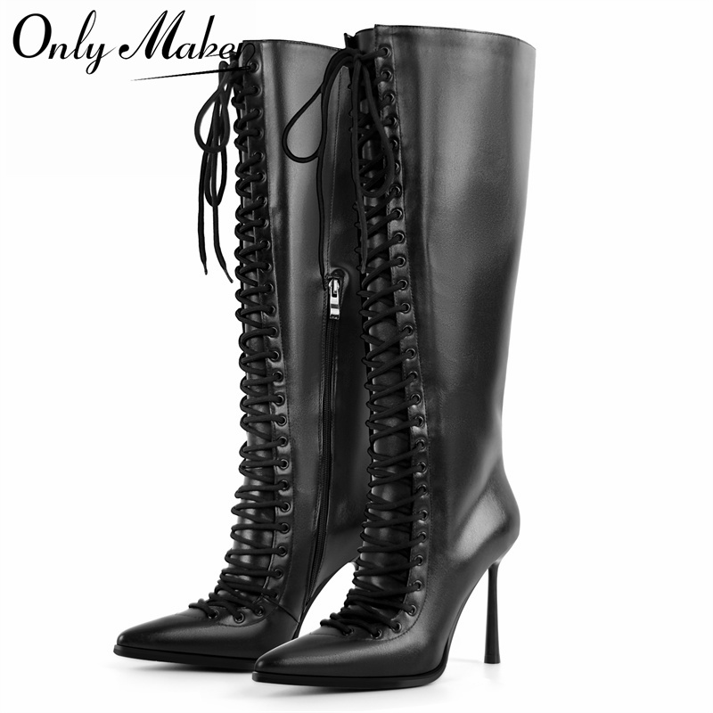 Women'S Fashion Knee High Boots - รองเท้าบูทหุ้มข้อหนังเทียมแบบผูกเชือกปลายแหลม รองเท้าบูทส้นบางมีซิปด้านข้าง รองเท้าบูทแฟชั่นสุดหรู