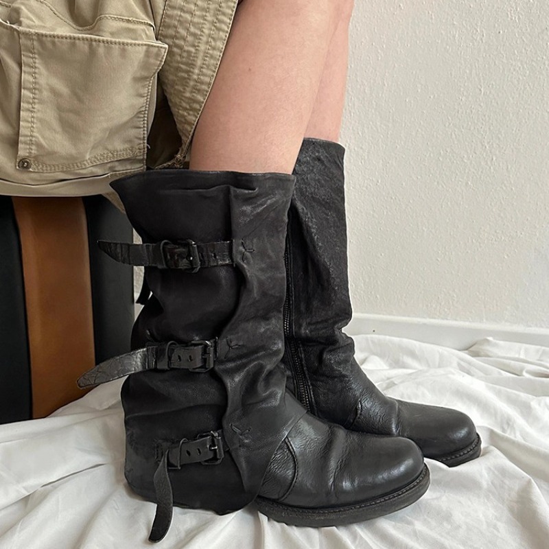 Women'S Fashion Knee High Boots - รองเท้าผู้หญิงคลาสสิก รองเท้าบูทหนังแท้สไตล์เรโทรสุดหรูสำหรับผู้หญิง แฟชั่นรองเท้าบูททรงสลัชชี่แบบแพลตฟอร์ม รองเท้าดีไซเนอร์ รองเท้าบูทผู้หญิง